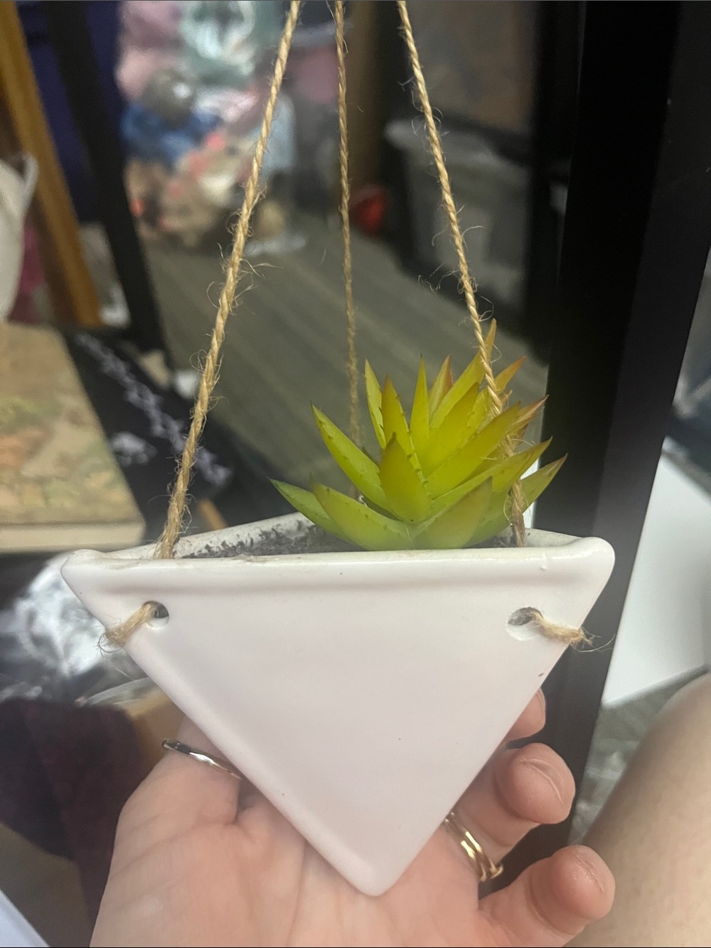 Triangular shaped White Succulent ceramic holder that hangs from brown jute 404